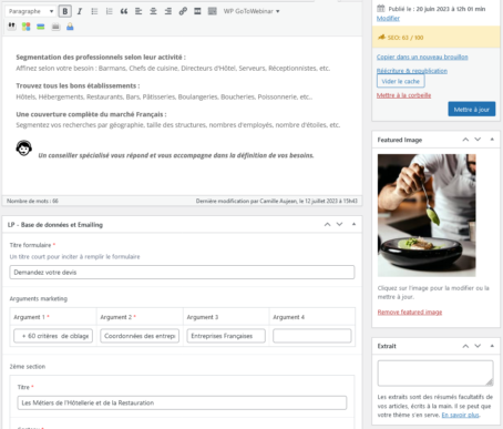 La partie administration des landing pages du site vitrine WordPress Kompass